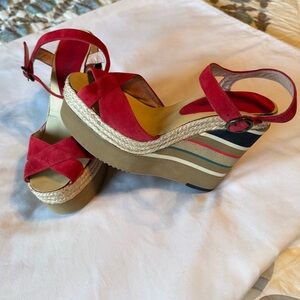 Andre Assous Red Suede Wedge Sandals with Striped Platform